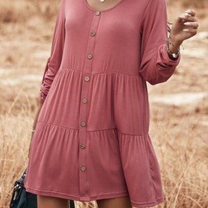 Boho Scoop Neck Flowy Button Dress Mauve Pink